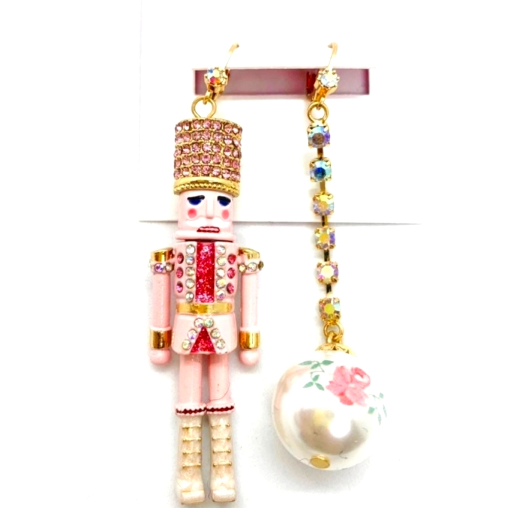 Betsey Johnson Pink Nutcracker Dangle Earrings Mismatch Ch…